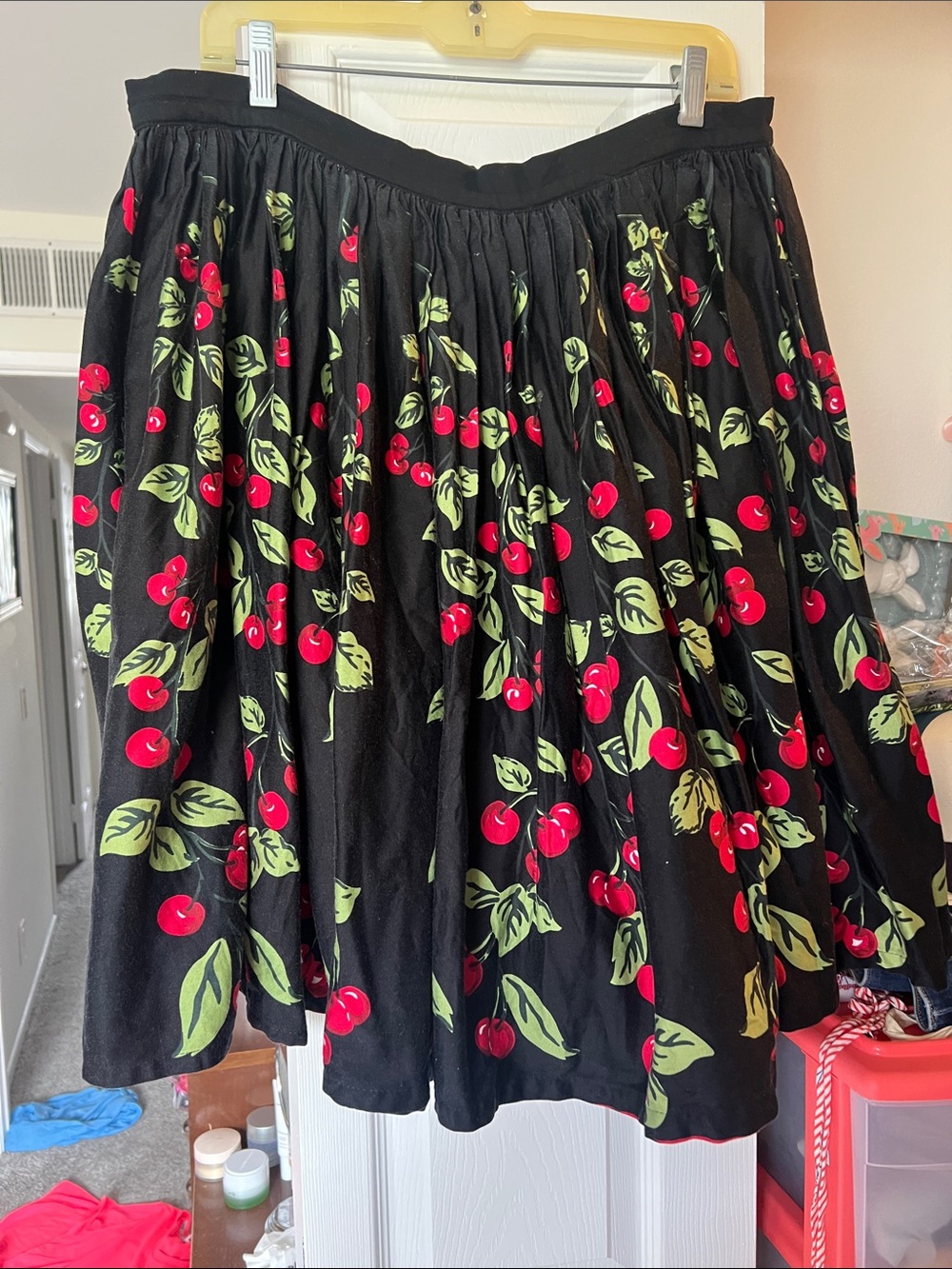 Pinup Girl Black Cherry Print gathered Skirt - Picture 1 of 5